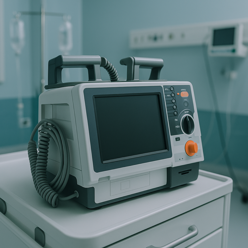 A modern defibrillator device with paddles and digital screen, placed on a medical cart in a hospital emergency room.