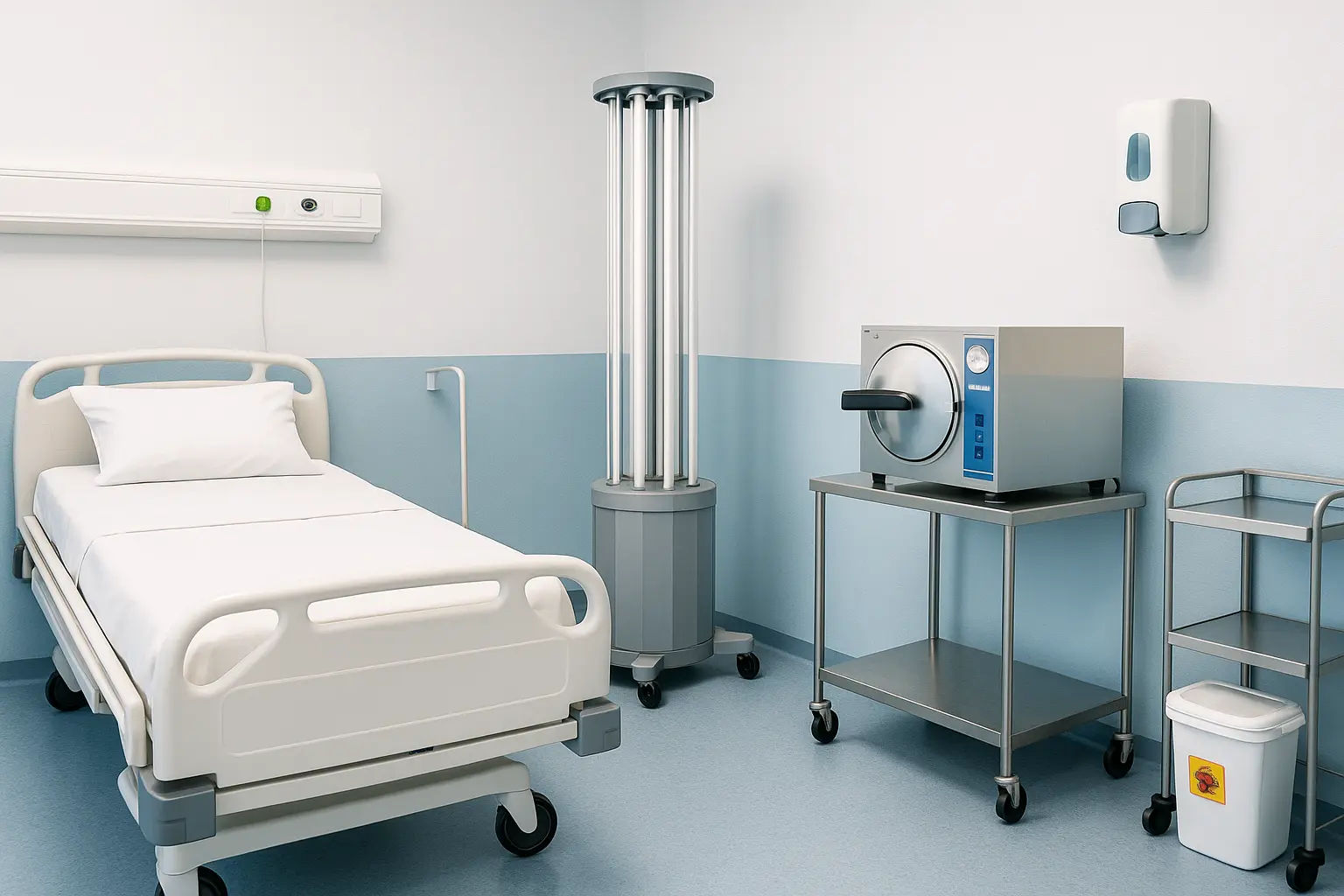 Hospital room with UV-C disinfection tower, autoclave sterilizer, and hand sanitizer dispenser for infection control.