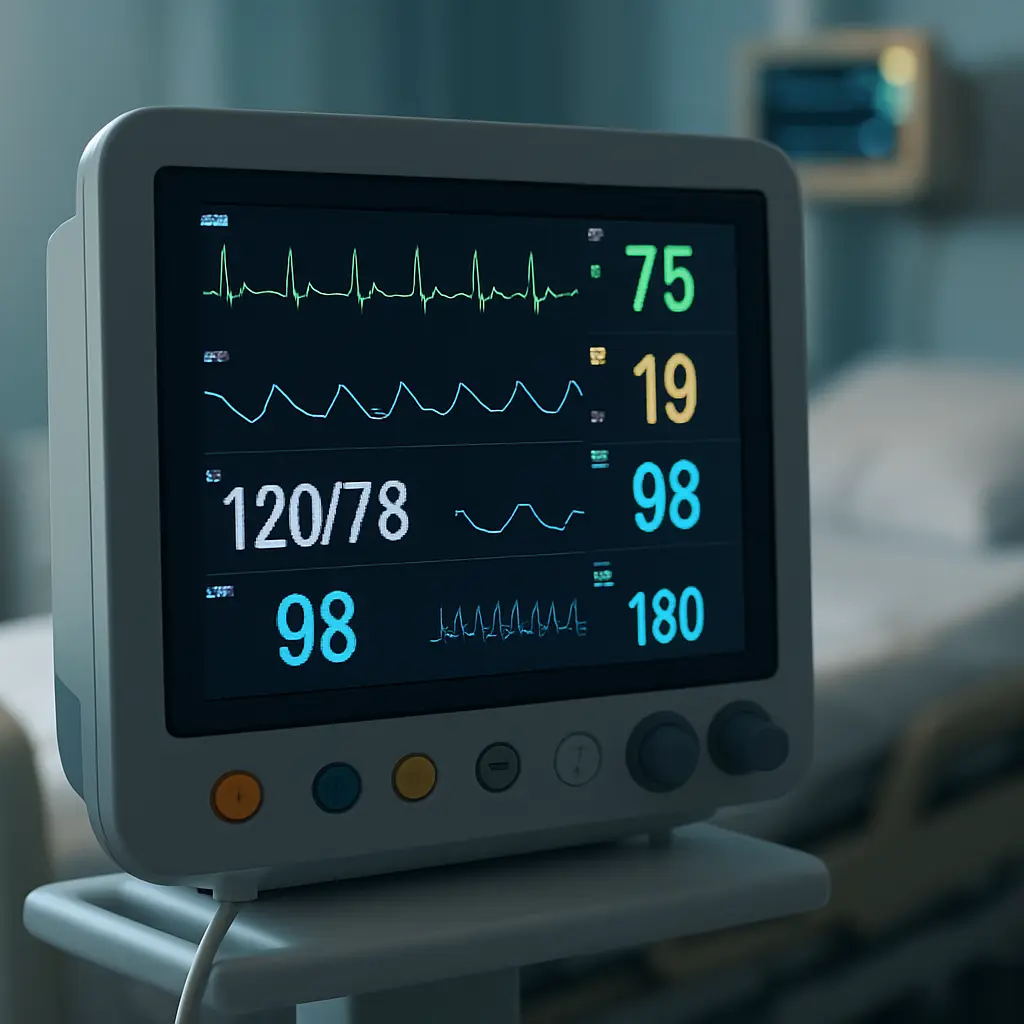 Modern patient monitor displaying vital signs in a hospital room