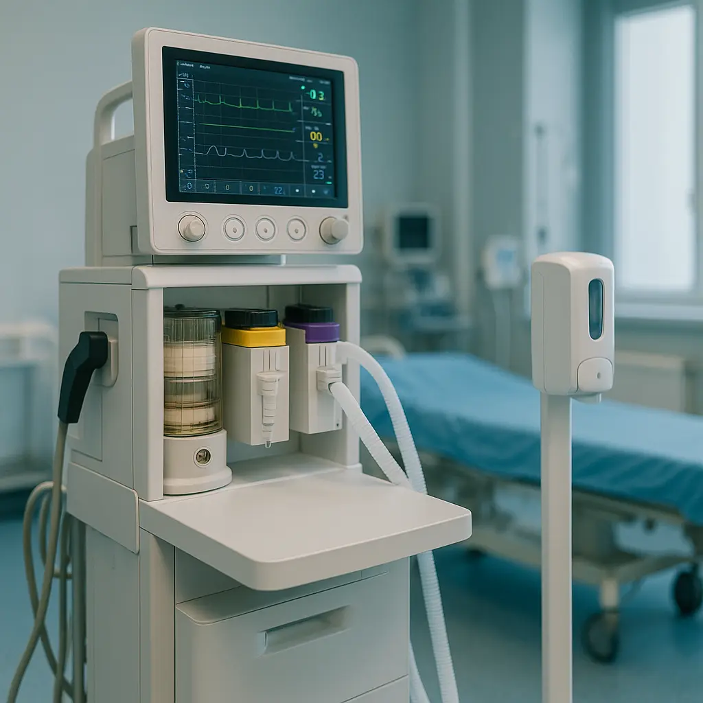 Anesthesia machine with touchscreen and vaporizers in a modern hospital operating room.