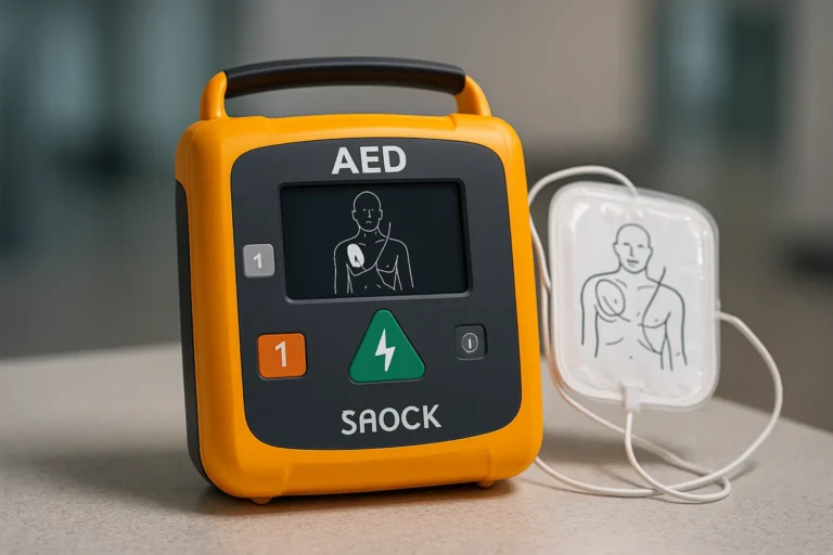 Hospital hallway AED cabinet with high-visibility device inside, ready for emergency use